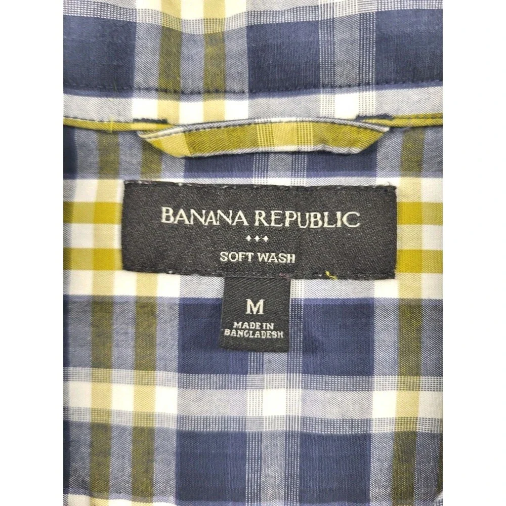 Banana Republic Soft Wash Men’s Size M Plaid Button Down Shirt Navy Olive White